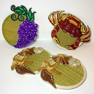 4 Beach Theme Coasters Glass Markers Embroidery Shells Grapes Crab Patio Decor